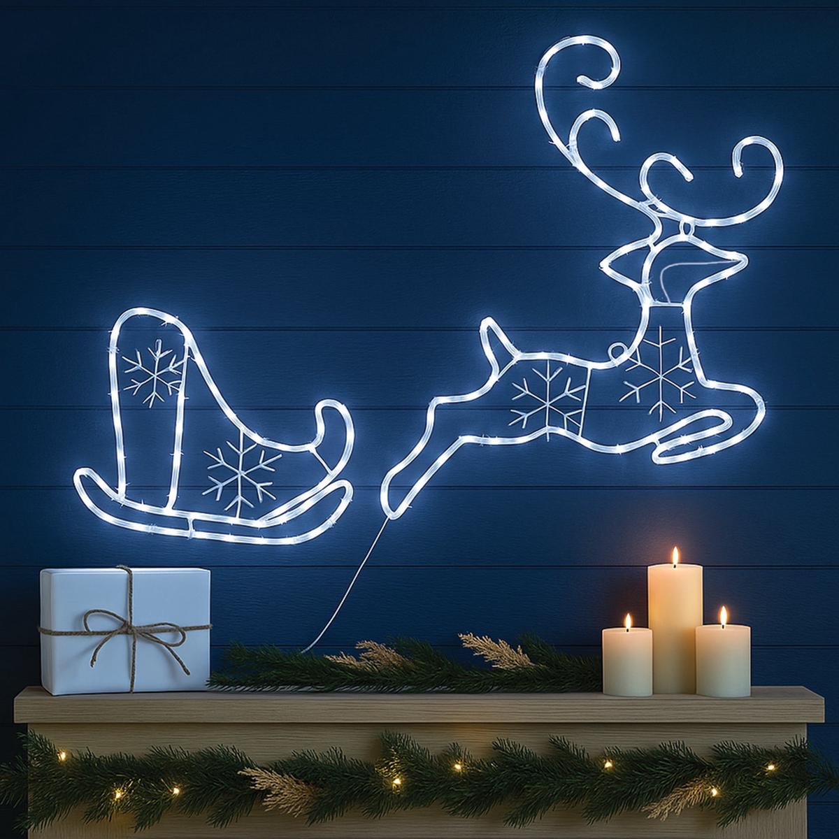 Lexi Lighting 2D Flying Reindeer With Sleigh Rope Light Silhouette