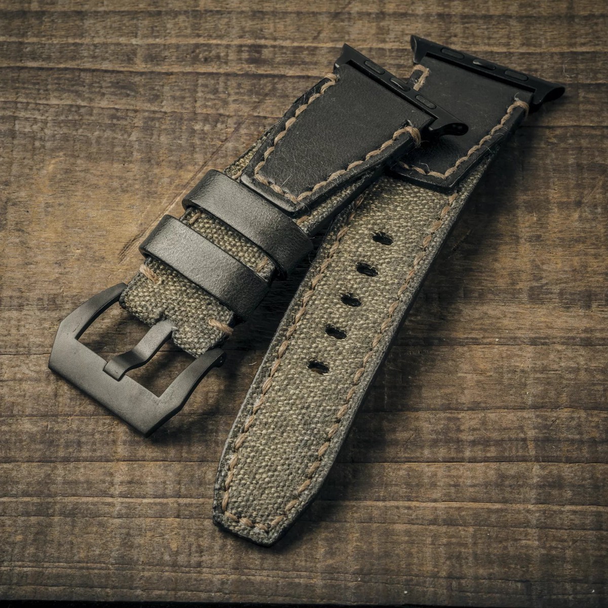 Salt Pepper Swiss Army Rucksack Handmade Strap Black Leather (for Apple Watch)
