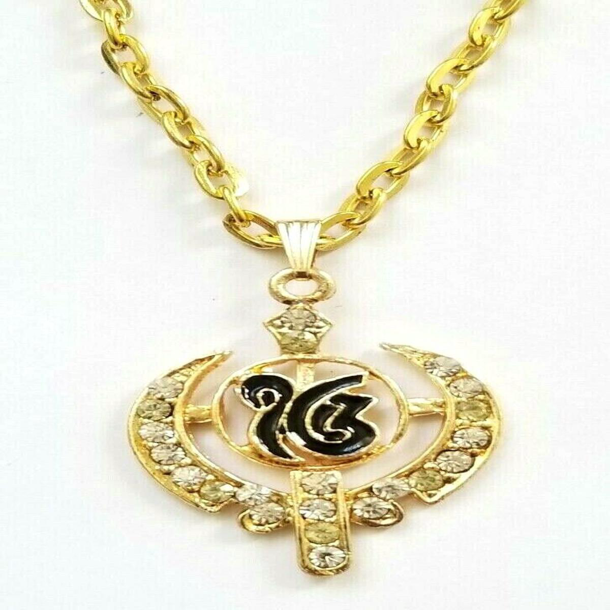 Unisex stunning rhinestones gold plated punjabi sikh ek onkar khanda pendant gg